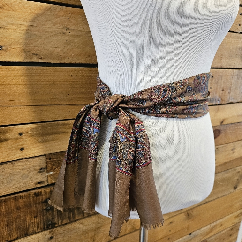 🐕 Vintage Roger Laurent Paris Brown Paisley Scarf 🐕 - Picture 4 of 12